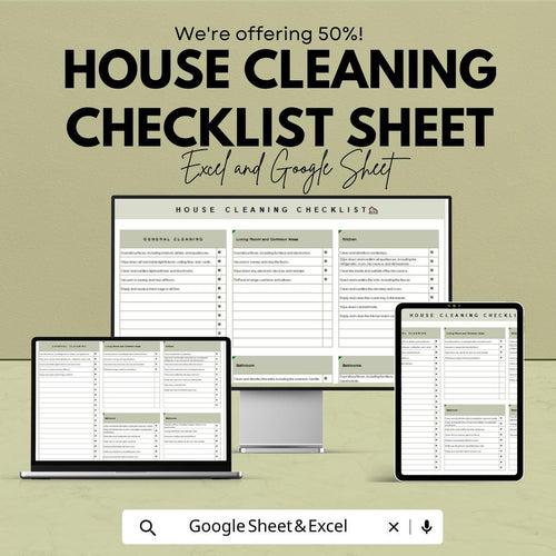 House Cleaning Checklist Sheet | Excel and Google Sheets Template | Home Cleaning Planner & Task Organizer