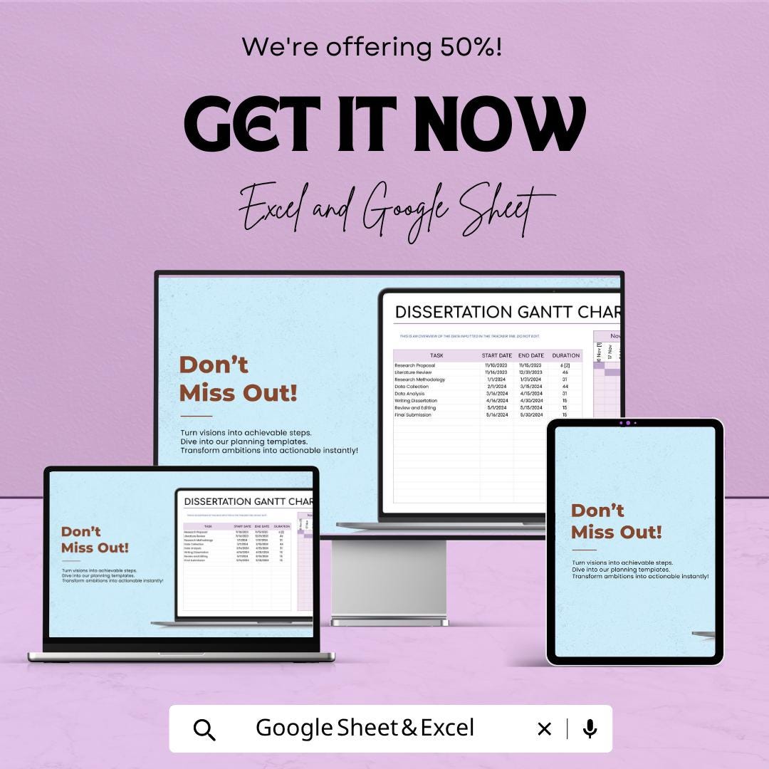 Dissertation Gantt Chart Template | Thesis Planner Spreadsheet | Research Timeline Tracker | Academic Project Planner