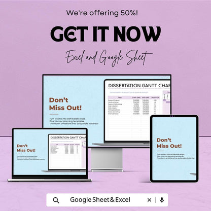 Dissertation Gantt Chart Template | Thesis Planner Spreadsheet | Research Timeline Tracker | Academic Project Planner
