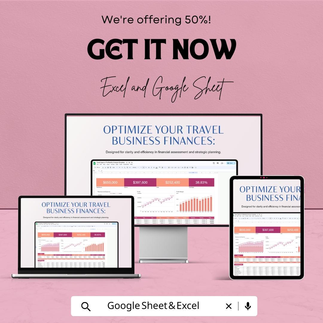 Travel Agency Profitability Analysis Template | Revenue Expense Tracker | Travel Business Finance Dashboard | Excel & Google Sheets