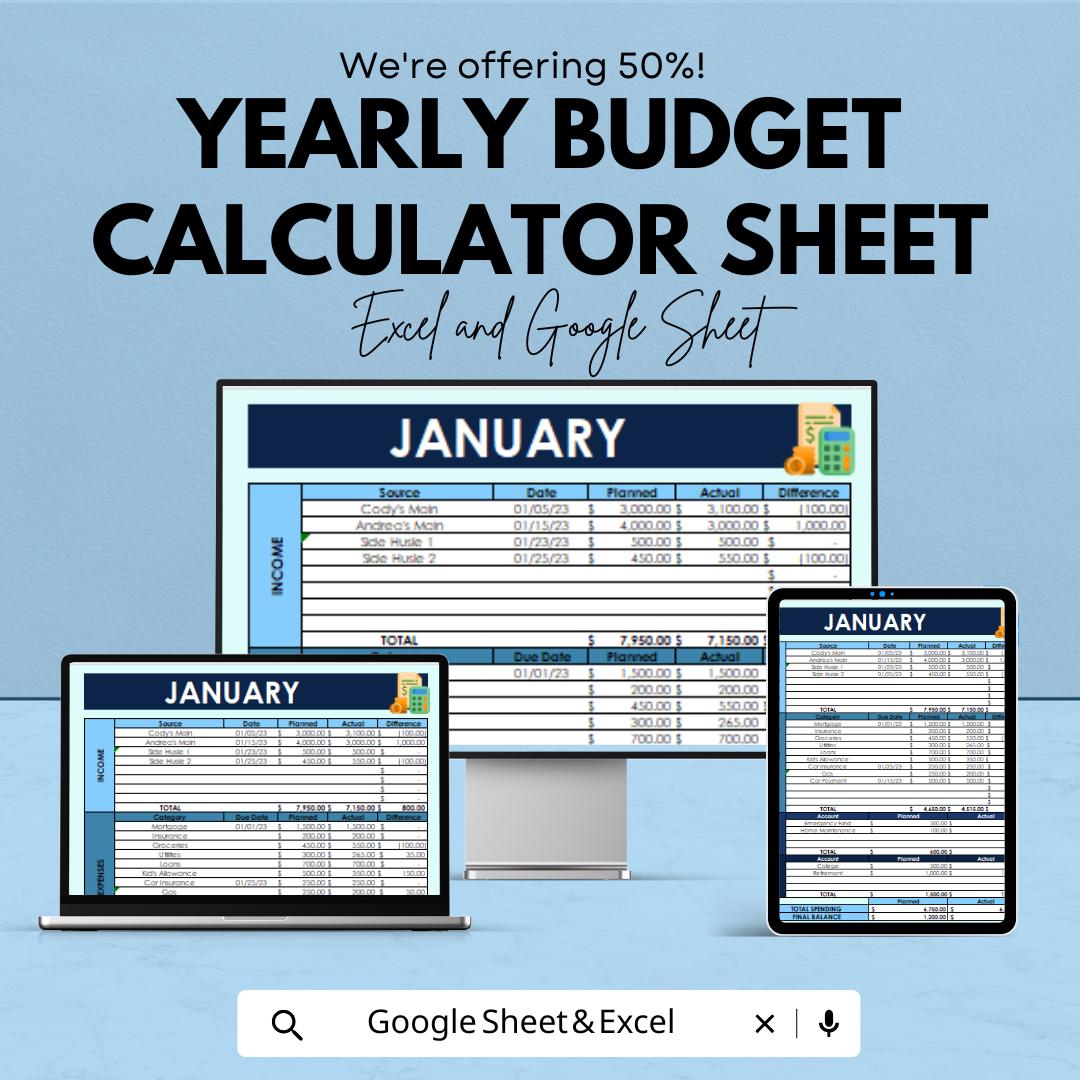 Yearly Budget Calculator Sheet | Excel & Google Sheets | Income, Expenses, Savings Tracking | Financial Planning Template