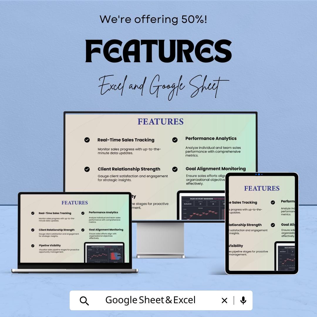 Sales Account Managers Dashboard | Sales Performance Tracker | Excel & Google Sheets | Account Metrics Report | Sales Analytics Template