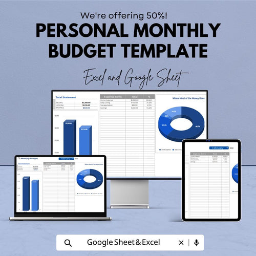 Personal Monthly Budget Template | Budget Planner Spreadsheet | Income & Expense Tracker | Personal Finance Dashboard