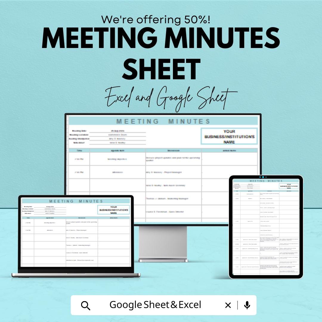 Meeting Minutes Sheet - Editable Excel and Google Sheet Template for Efficient Meeting Documentation, Customizable & Easy to Use