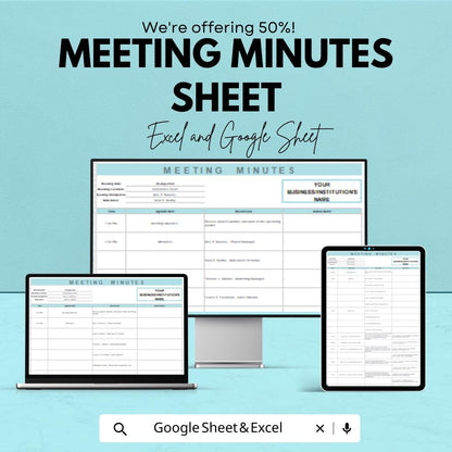 Meeting Minutes Sheet - Editable Excel and Google Sheet Template for Efficient Meeting Documentation, Customizable & Easy to Use