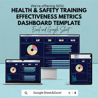 Health & Safety Training Effectiveness Metrics Dashboard Template | Excel and Google Sheets |Safety KPI Dashboard | Training Analysis Report