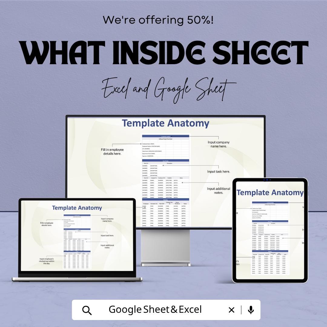 Software Project Time Sheet Template | Employee Time Tracker Spreadsheet | Project Hours Log | Excel & Google Sheets