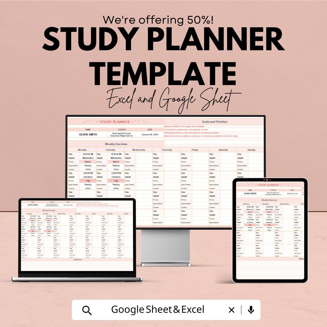 Study Planner Template Google Sheets and Excel | Weekly Study Schedule | Student Planner | Semester Planner | Class and Assignment Tracker