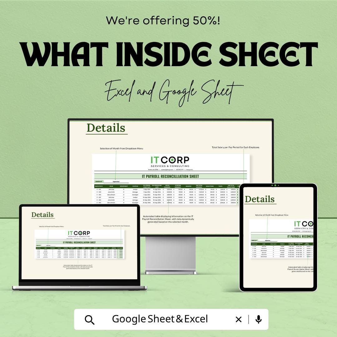 Payroll Reconciliation Template | IT Payroll Tracker Excel | Salary Reconciliation Sheet | Payroll Spreadsheet | Google Sheets Payroll