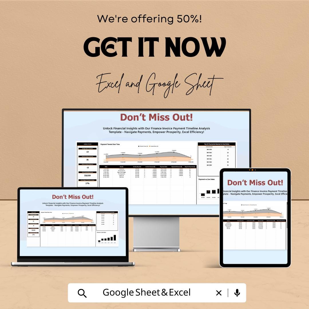Finance Invoice Payment Timeline Analysis Template,  Accounts Payable Tracker, Cash Flow Analysis, Invoice Tracking Tool