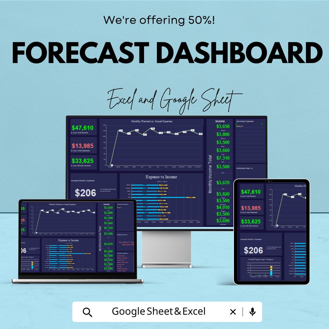 Forecast Dashboard Template | Income & Expense Tracker with Budget Planning | Google Sheets and Excel
