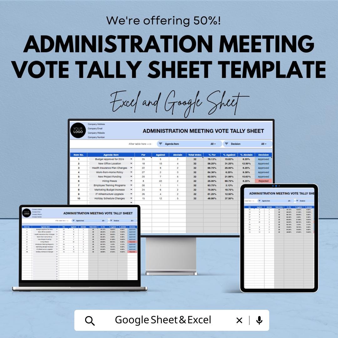 Administration Meeting Vote Tally Sheet Template,  Voting Tracker, Agenda Vote Record, Board Meeting Decision Spreadsheet