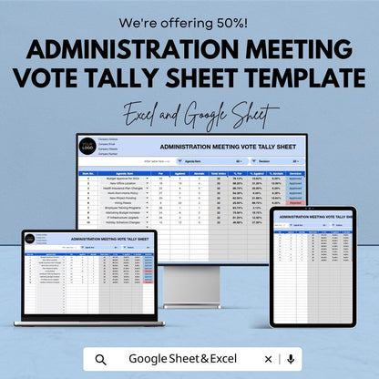 Administration Meeting Vote Tally Sheet Template,  Voting Tracker, Agenda Vote Record, Board Meeting Decision Spreadsheet
