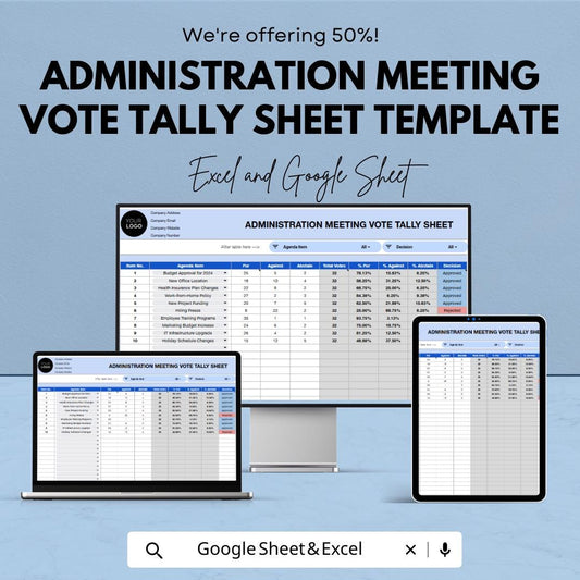 Administration Meeting Vote Tally Sheet Template,  Voting Tracker, Agenda Vote Record, Board Meeting Decision Spreadsheet