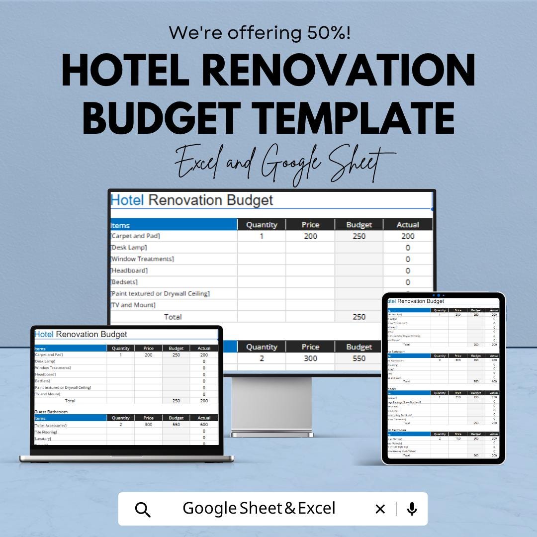 Hotel Renovation Budget Template | Renovation Cost Spreadsheet | Remodeling Budget Planner | Project Expense Tracker