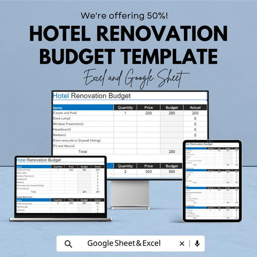 Hotel Renovation Budget Template | Renovation Cost Spreadsheet | Remodeling Budget Planner | Project Expense Tracker