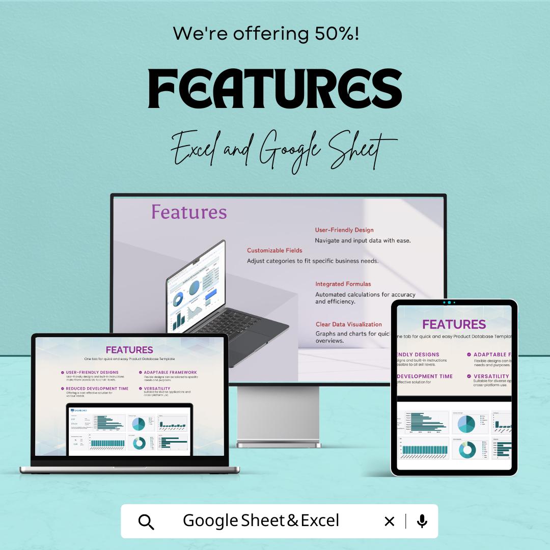 Product Database Template | Business Inventory Tracker | Product Cost Calculator | Data Management Spreadsheet