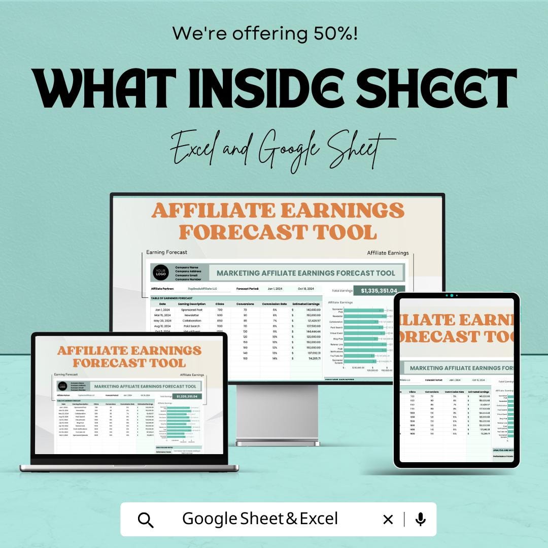 Marketing Affiliate Earnings Forecast Tool Sheet | Excel and Google Sheets | Track Affiliate Performance | Affiliate Marketing Tracker
