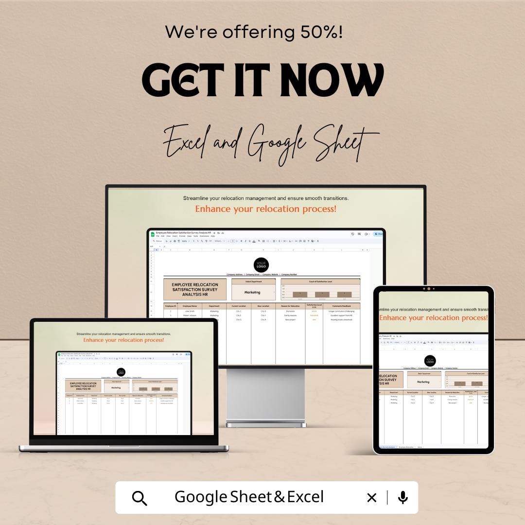 Employee Relocation Satisfaction Survey Analysis | HR Survey Template | Excel & Google Sheets | Employee Relocation Feedback Tool