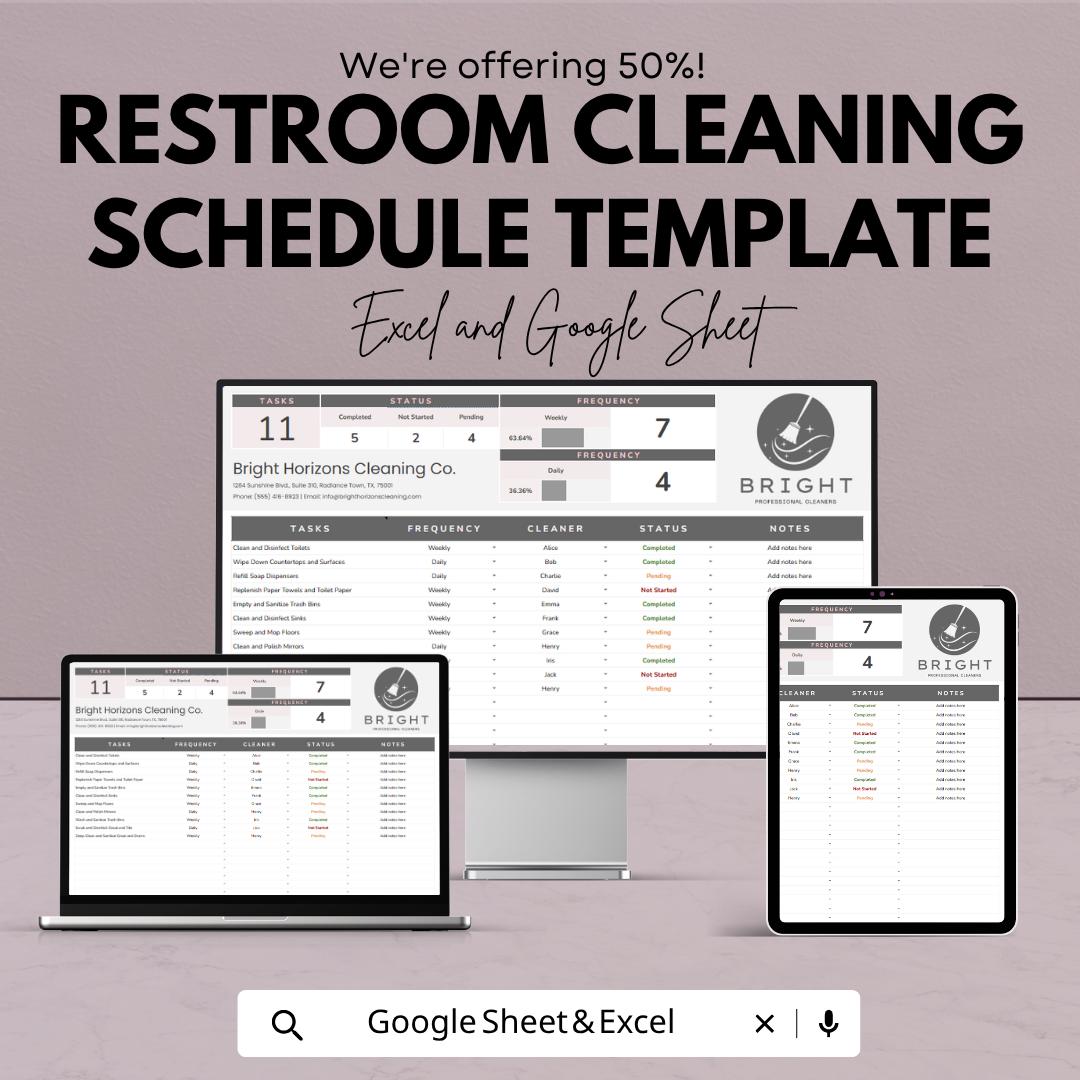 Restroom Cleaning Schedule Template | Cleaning Checklist Planner | Janitorial Schedule | Bathroom Cleaning Log