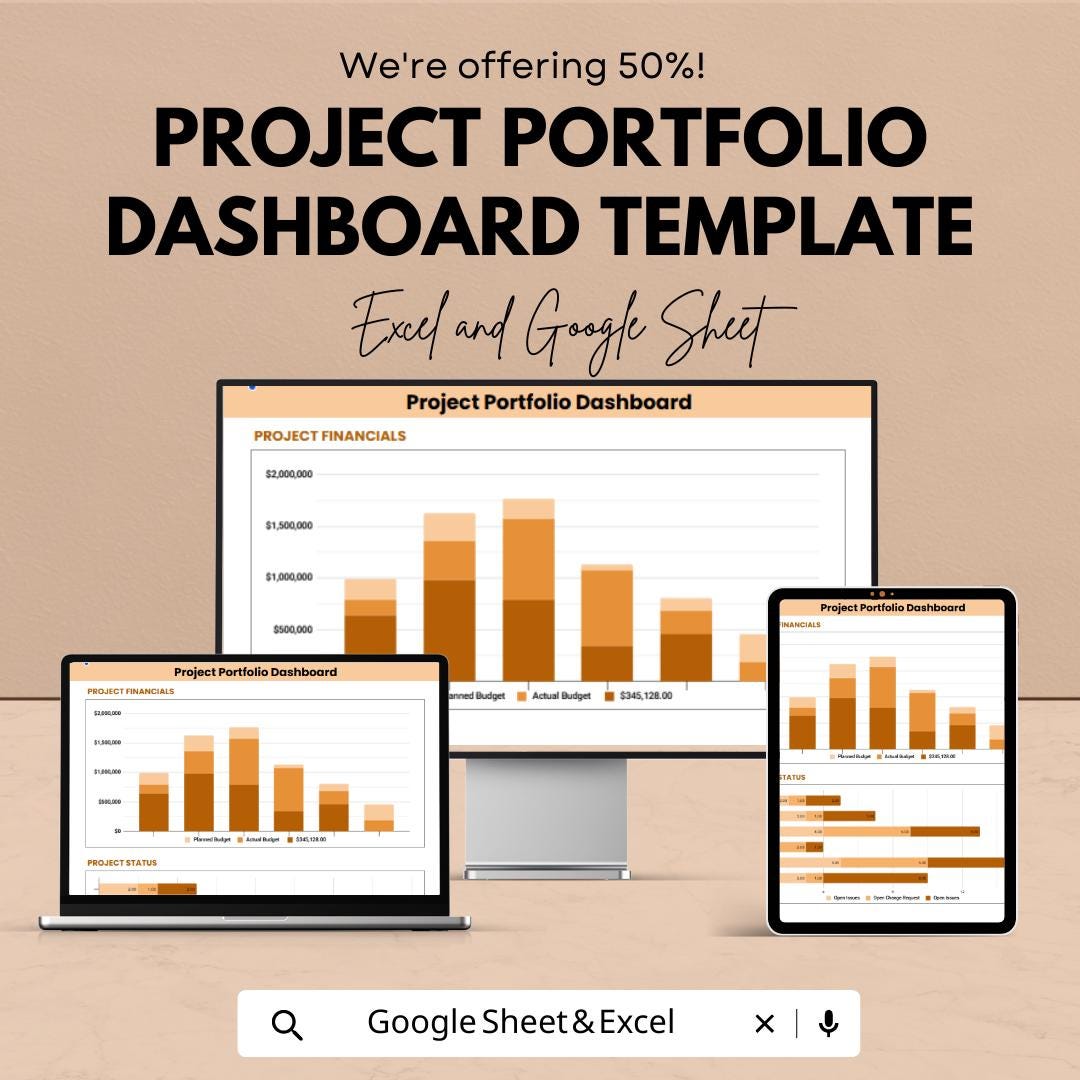 Project Portfolio Dashboard Template Excel and Google Sheets | Project Management Dashboard | Budget & Status Tracking Spreadsheet
