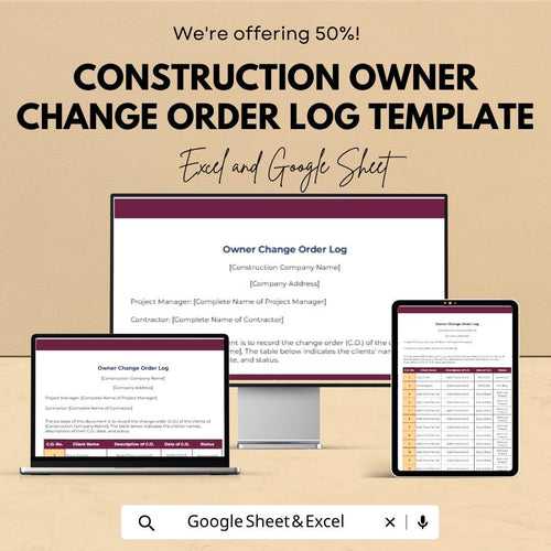 Construction Change Order Log Template | Owner CO Tracker Spreadsheet | Project Change Log | Contractor Change Order Tracker |