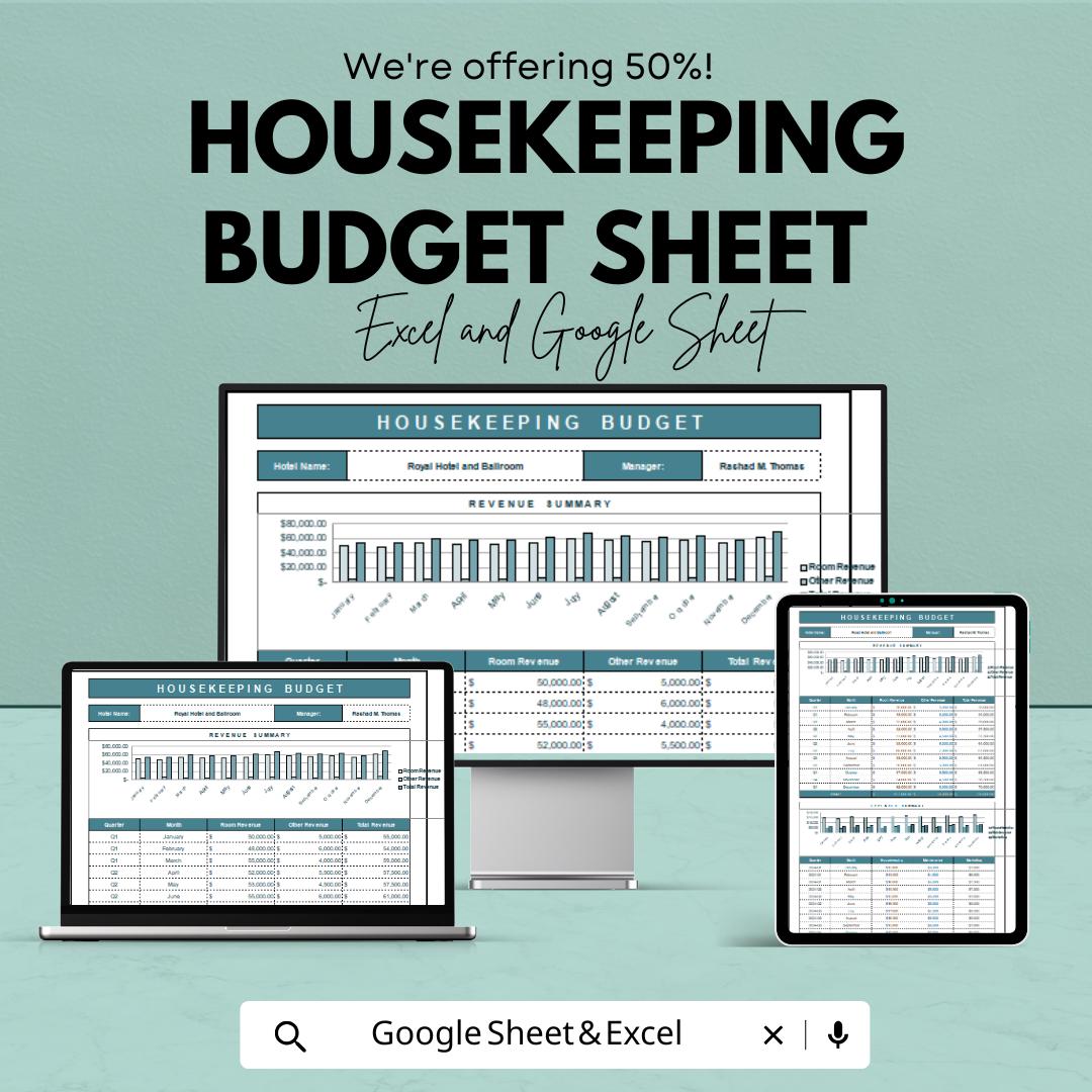 Housekeeping Budget Sheet Template | Excel and Google Sheets | Hotel Budget Management, Cleaning & Labor Costs, Expense Tracking