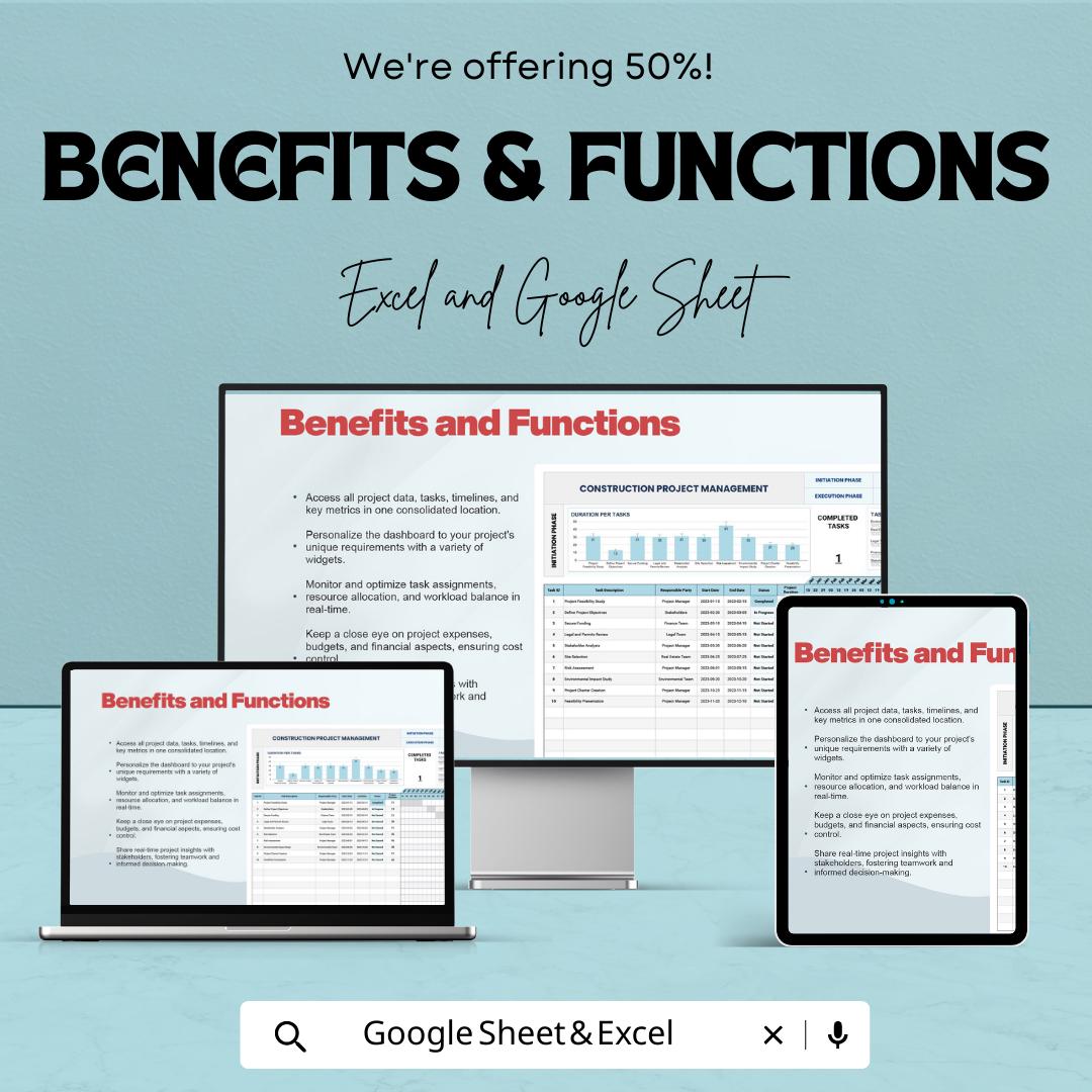 Construction Project Management Template | Project Planner Spreadsheet | Gantt Chart Tracker | Excel & Google Sheets