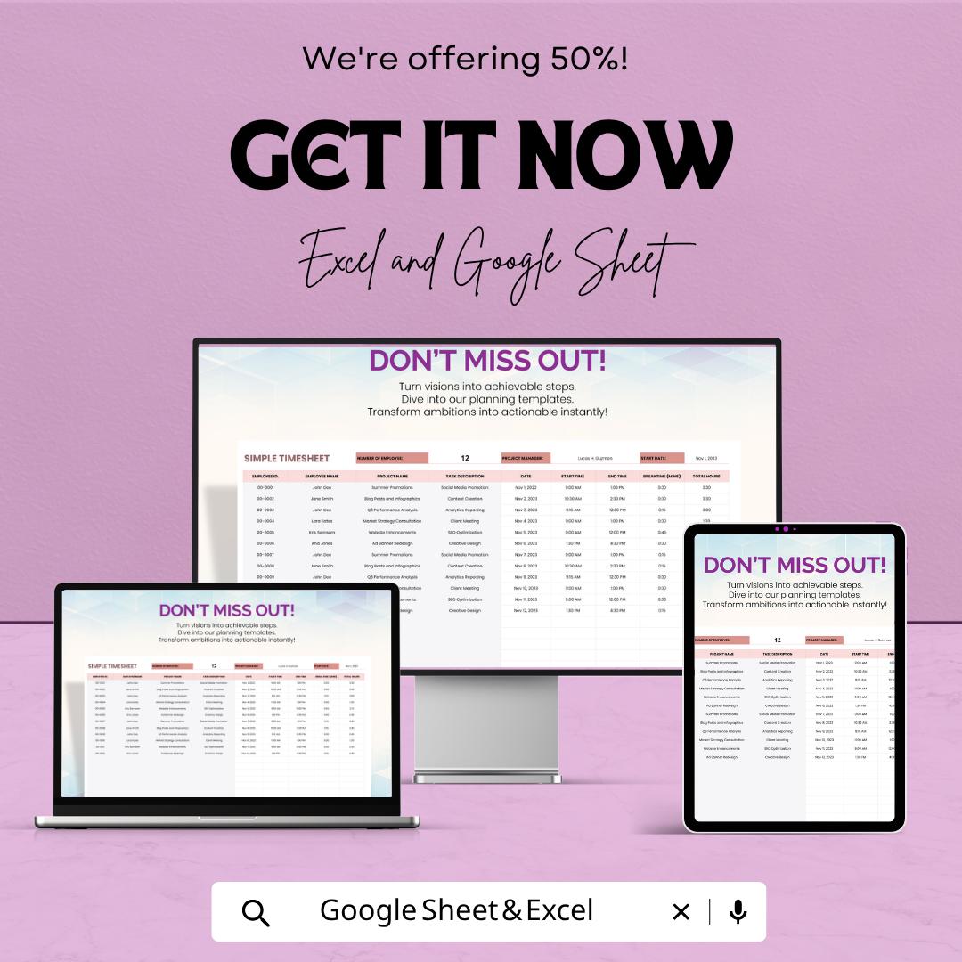 Simple Timesheet Template | Employee Timesheet Spreadsheet | Work Hours Tracker Template | Daily Time Log Sheet