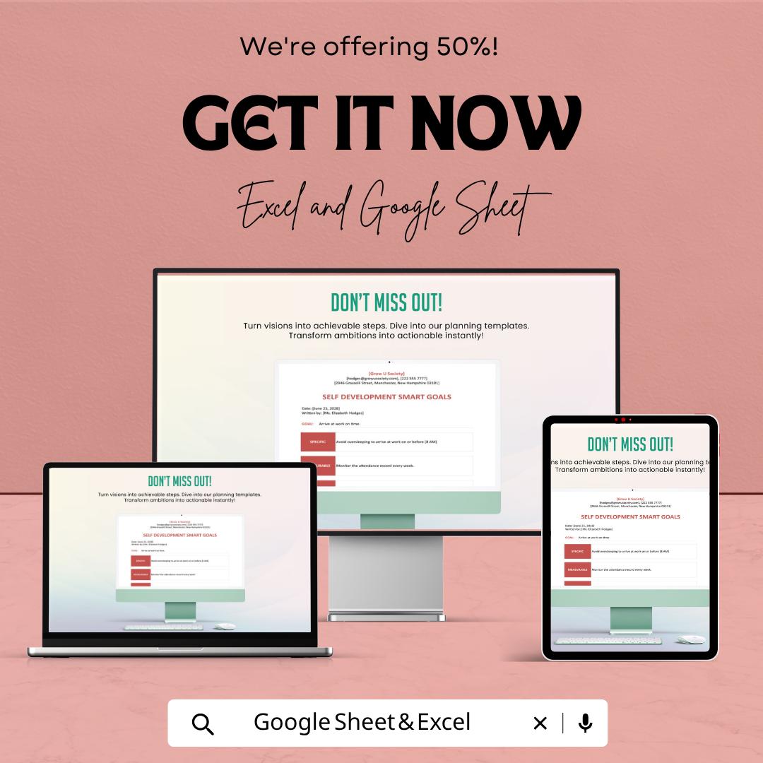 SMART Goals Template Excel & Google Sheets | Self Development Planner | Goal Setting Worksheet | Productivity Tracker | Personal Growth