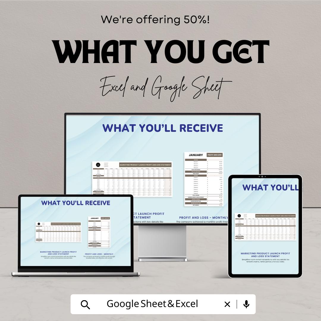 Marketing Product Launch Profit and Loss Statement Template | Excel & Google Sheets | Business Budget Planner, Financial Tracker