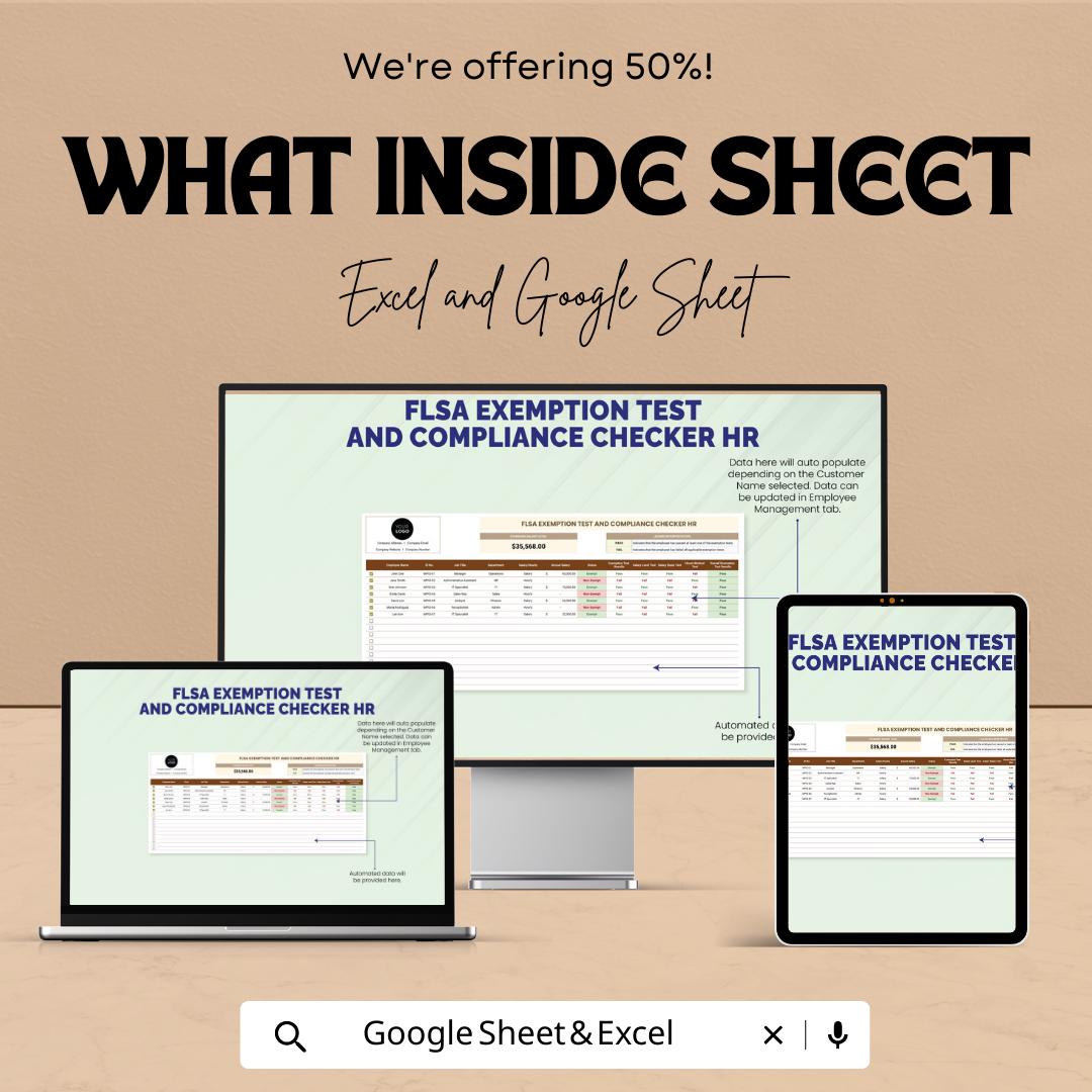 FLSA Exemption Test and Compliance Checker HR Template | Employee Classification Tool | HR Compliance Spreadsheet | Excel & Google Sheets