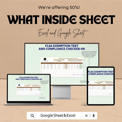 FLSA Exemption Test and Compliance Checker HR Template | Employee Classification Tool | HR Compliance Spreadsheet | Excel & Google Sheets