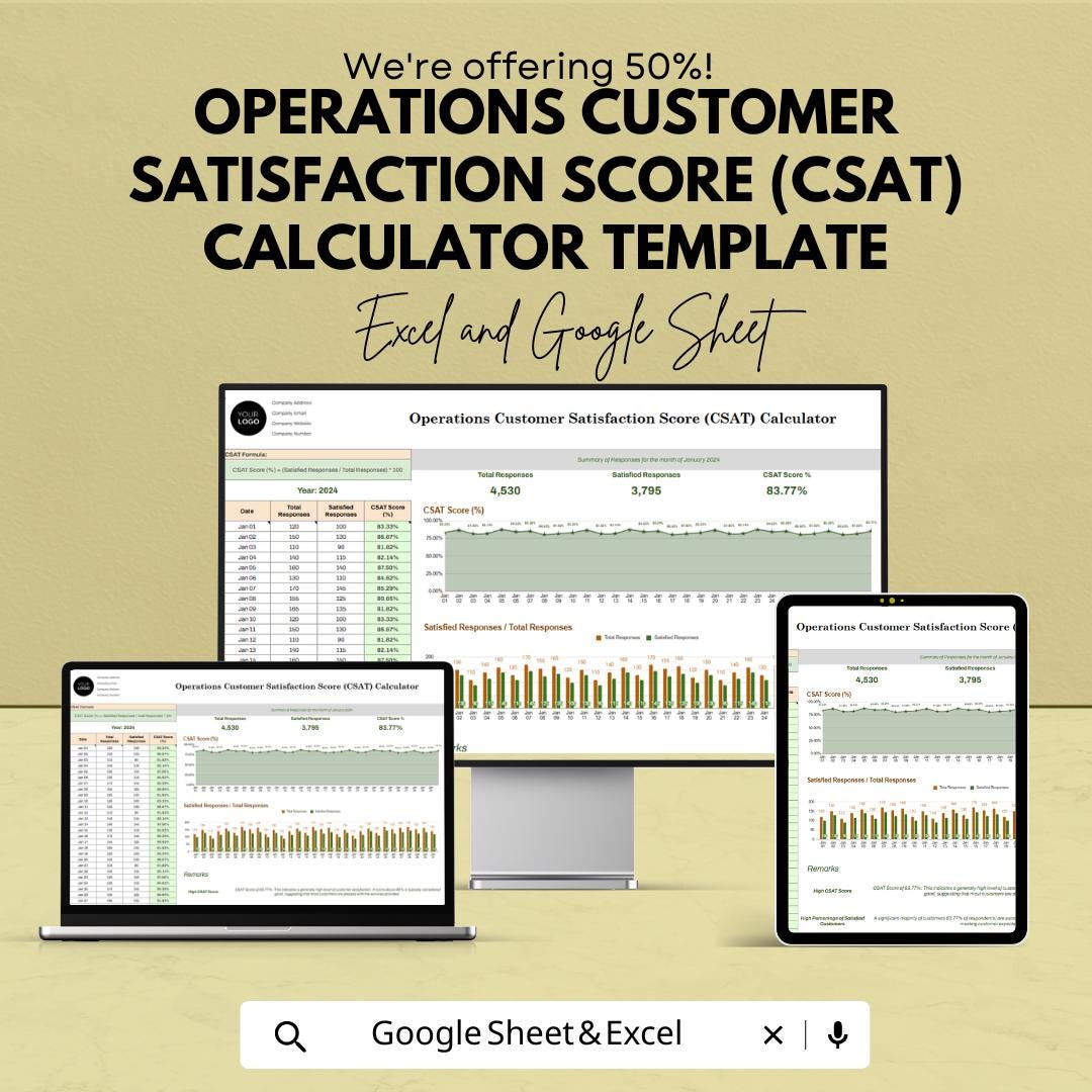 CSAT Calculator Template, Customer Satisfaction Tracker, Operations CSAT Dashboard, Feedback Analysis Sheet