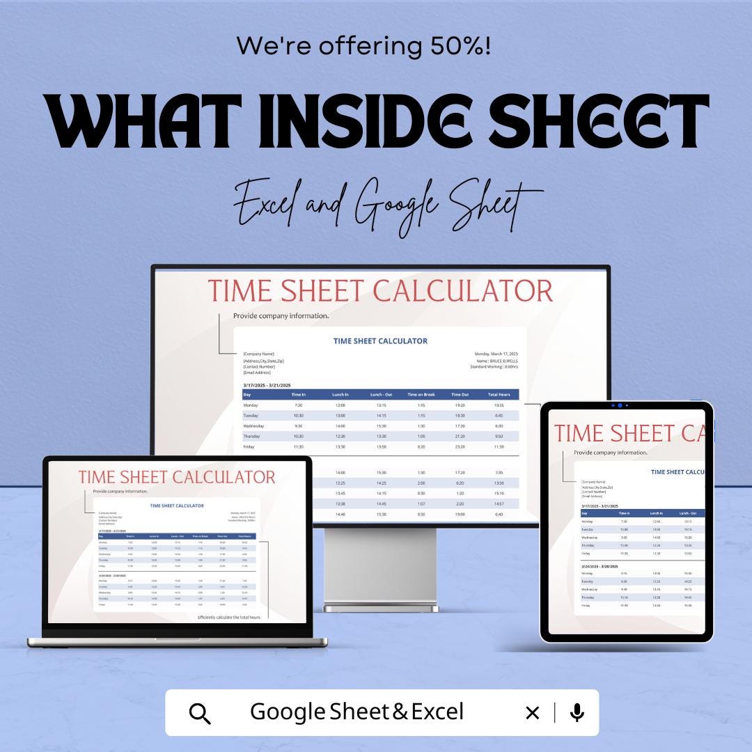 Time Sheet Calculator - Excel & Google Sheets Template | Employee Time Tracking, Payroll, Overtime, and Break Hours Calculation