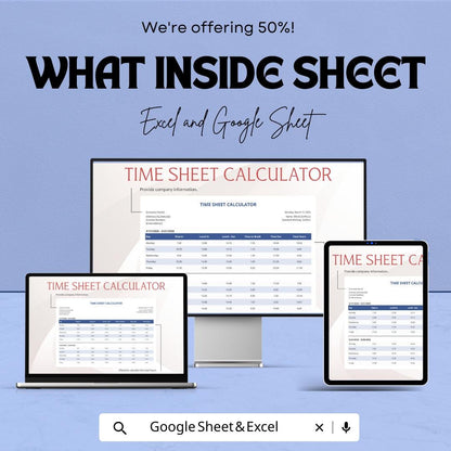 Time Sheet Calculator - Excel & Google Sheets Template | Employee Time Tracking, Payroll, Overtime, and Break Hours Calculation