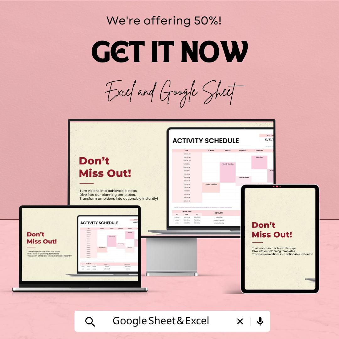 Activity Schedule Sheet | Excel & Google Sheet | Plan and Organize Your Weekly Activities | Editable Template for Easy Scheduling