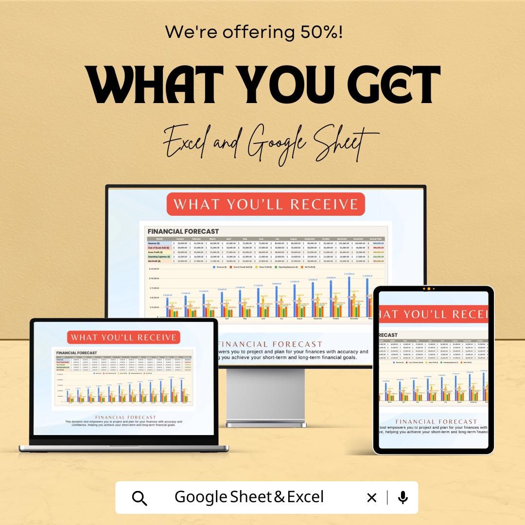 Financial Forecast Template | Excel and Google Sheets | Revenue Forecast, Cash Flow Projection, Expense Planning, Business Finance Template