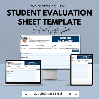 Student Evaluation Sheet Template | Teacher Assessment Form | Printable Classroom Evaluation | Student Performance Report