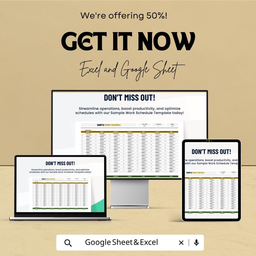 Work Schedule Template Excel Google Sheets | Employee Shift Schedule Planner | Staff Roster Spreadsheet | Weekly Work Schedule Template