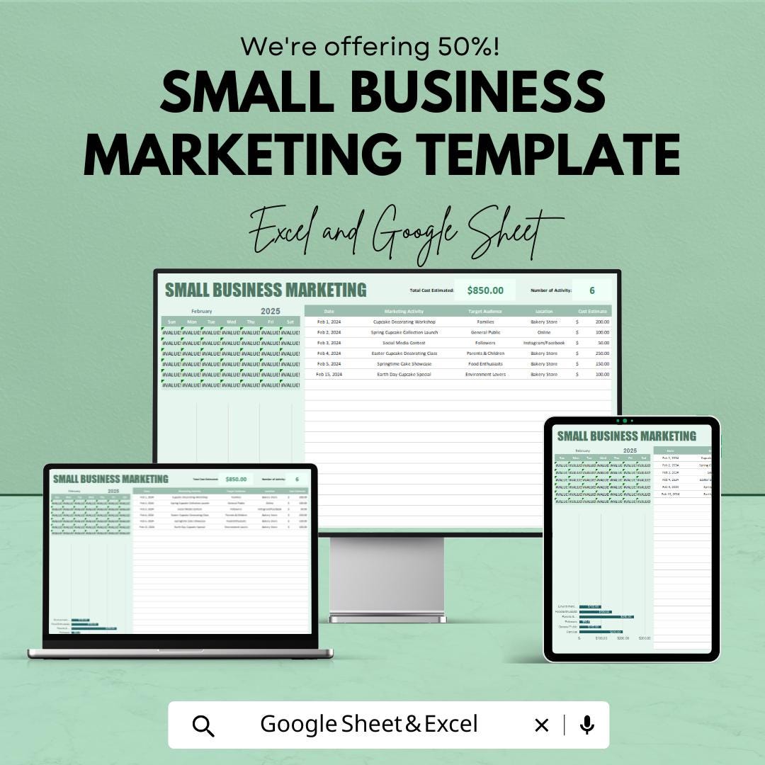 Small Business Marketing Template | Marketing Plan Spreadsheet | Marketing KPI Tracker | Small Business Strategy Template |