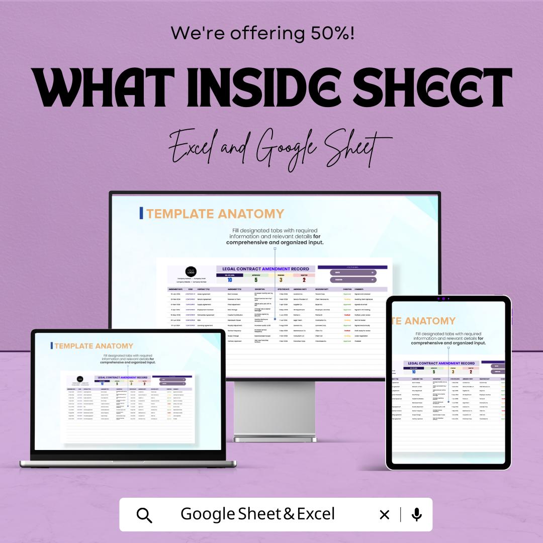 Legal Contract Amendment Record Template | Contract Change Log and Amendment Tracker | Excel & Google Sheets Spreadsheet