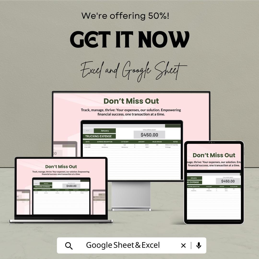 Trucking Expense Template | Truck Driver Expense Tracker | Excel & Google Sheets | Owner Operator Accounting | Fleet Expense Log