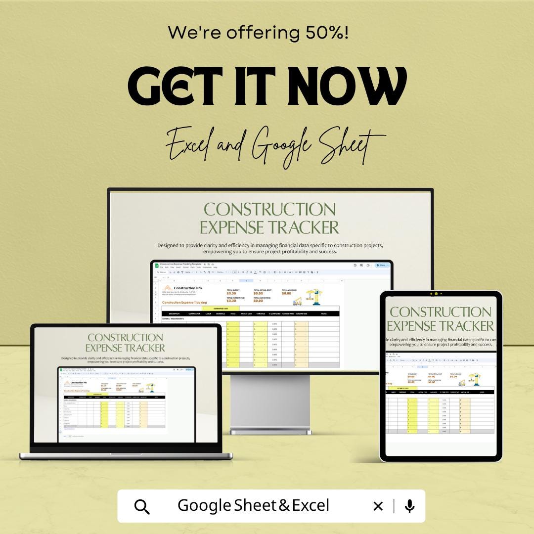 Construction Expense Tracking Template | Construction Budget Spreadsheet | Project Cost Tracker | Excel & Google Sheets | Contractor Expense