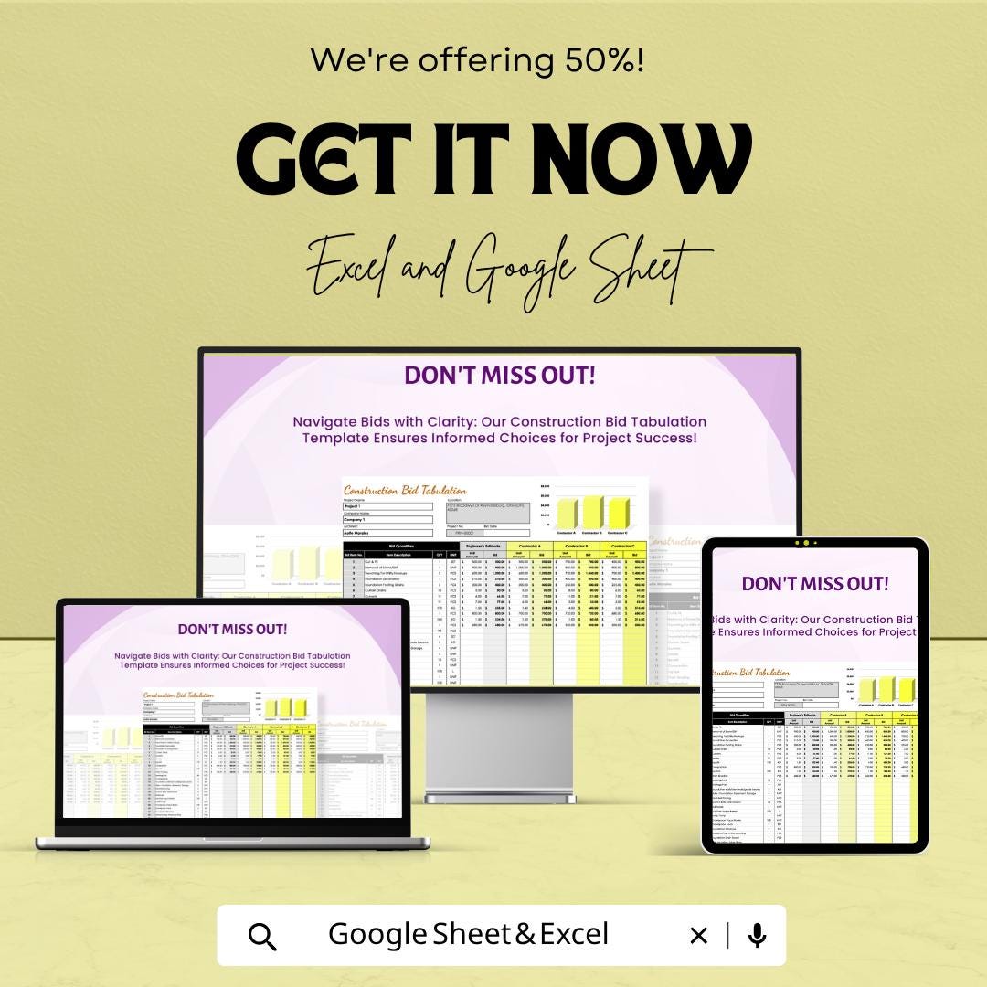 Construction Bid Tabulation Template Excel Google Sheets | Contractor Bid Comparison Spreadsheet | Project Cost Estimator |