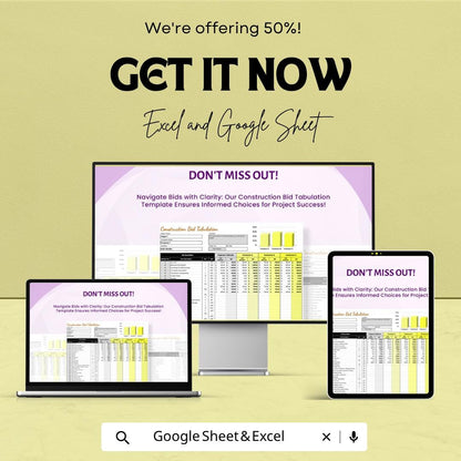Construction Bid Tabulation Template Excel Google Sheets | Contractor Bid Comparison Spreadsheet | Project Cost Estimator |