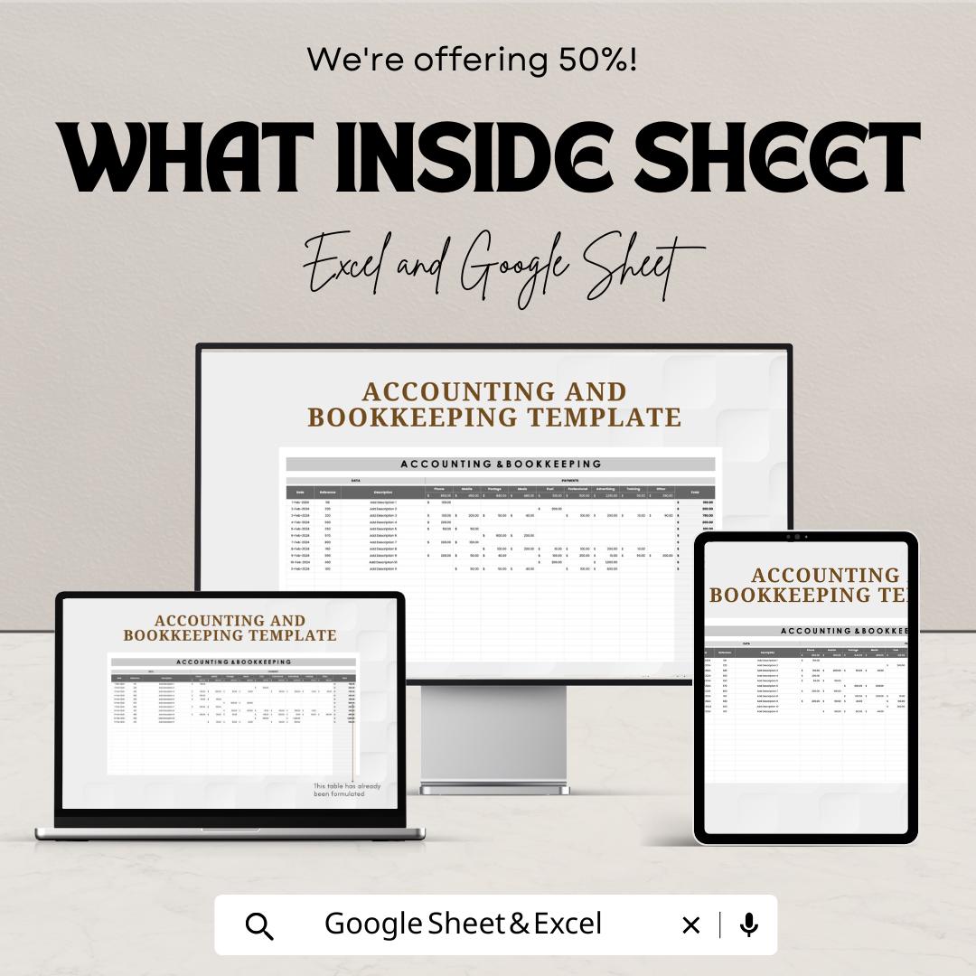 Accounting and Bookkeeping Sheet | Financial Tracker Template | Expense and Income Management | Excel & Google Sheets