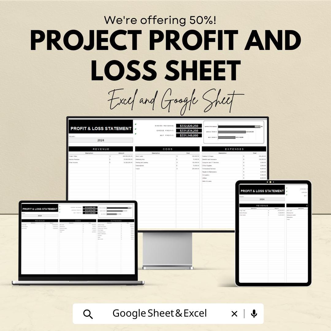 Project Profit and Loss Sheet - Excel & Google Sheets Template for Budget Tracking, Expense Management, and Profit Calculation