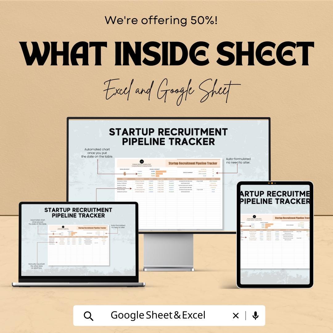 Startup Recruitment Pipeline Tracker | Hiring Process Spreadsheet | Applicant Tracking | Excel & Google Sheets