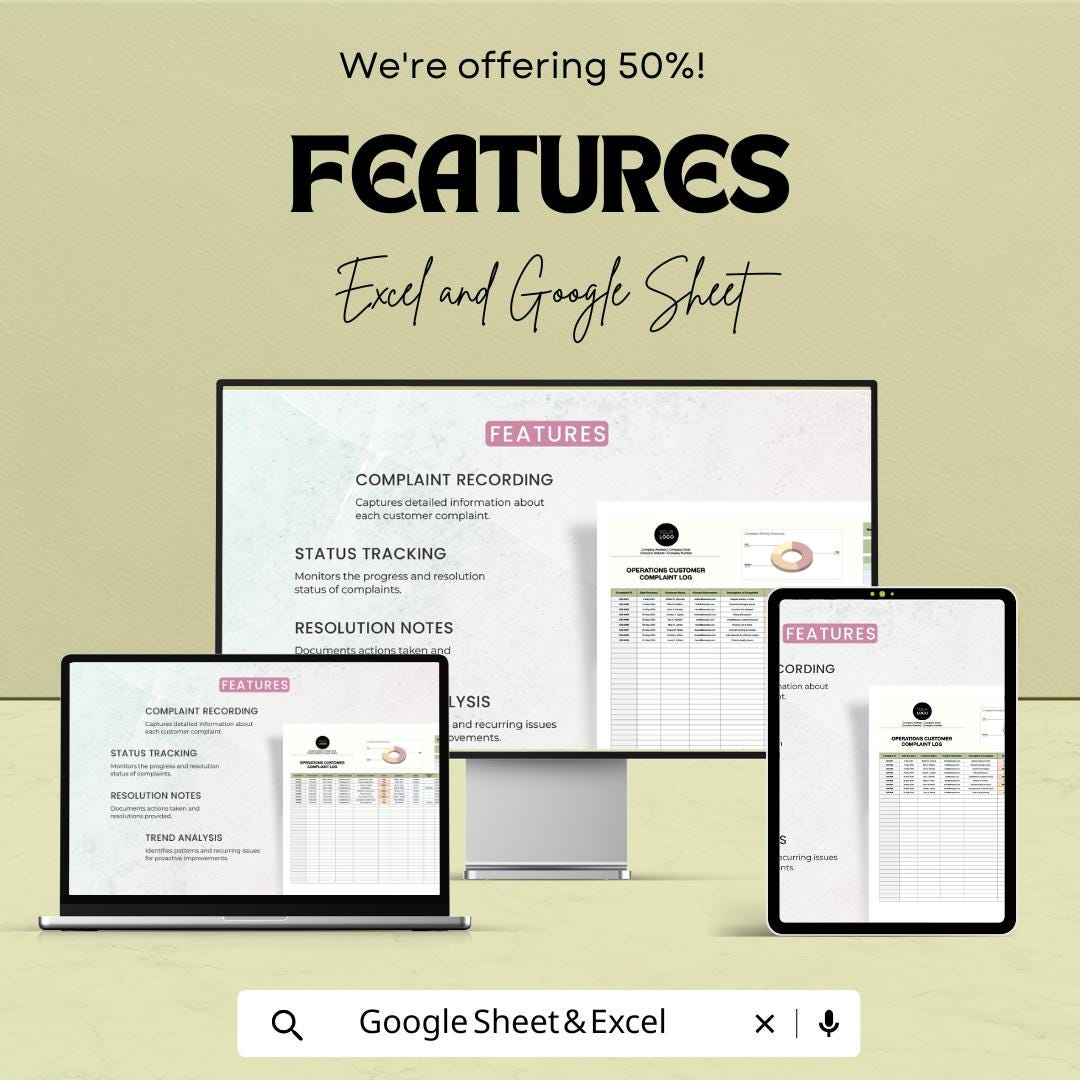 Customer Complaint Log Sheet | Google Sheets & Excel | Operations Tracker | Complaint Management Template | Business Issue Log